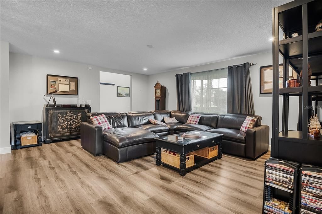 Fireplace, Interior, Living room, Recessed Lighting, Wood Texture Flooring