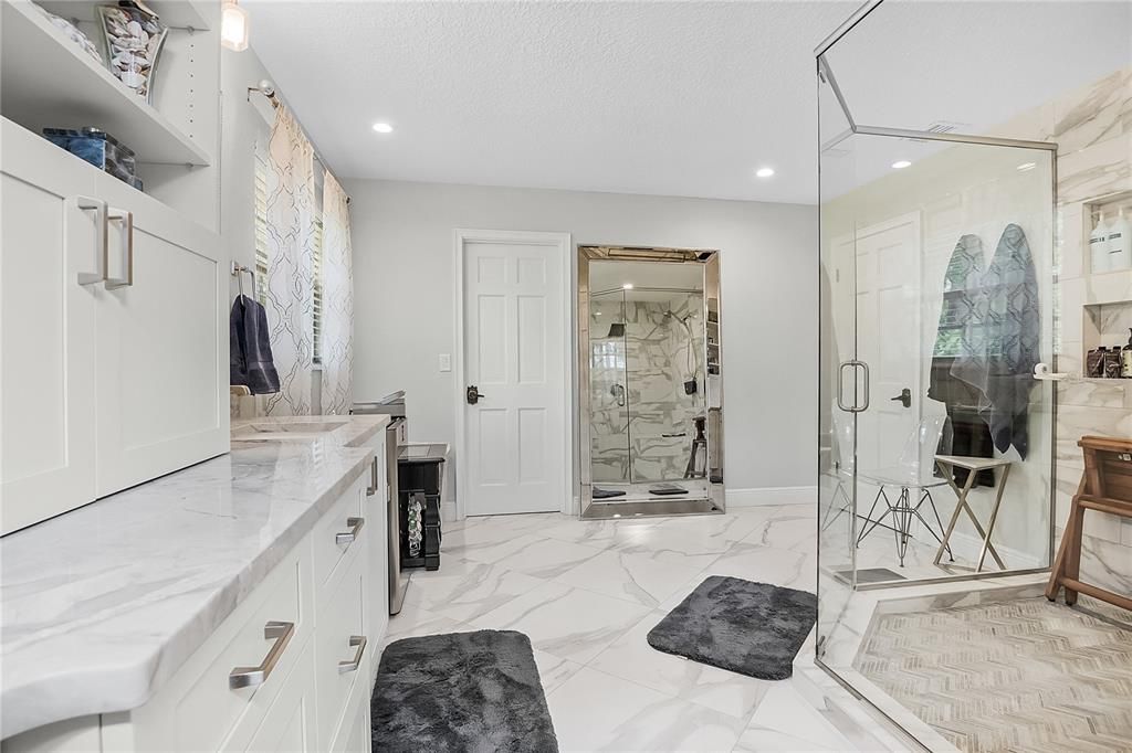Bathroom, Glass Shower, Interior, Marble, Marble Walls, Recessed Lighting