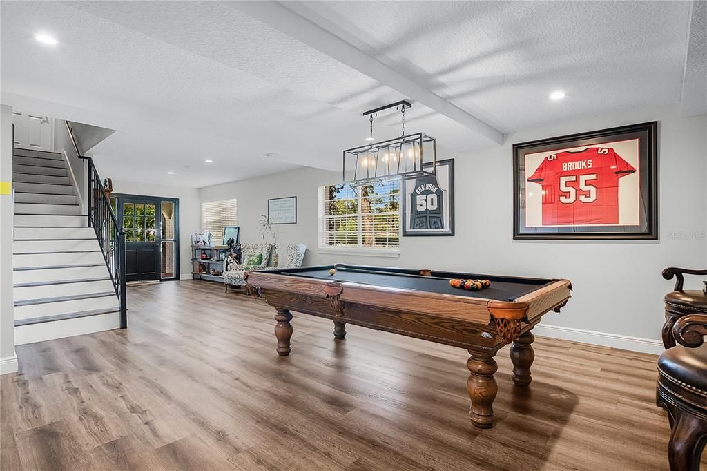 Billiard Table, Game Room, Interior, Pendant Lights, Recessed Lighting, Wood Texture Flooring