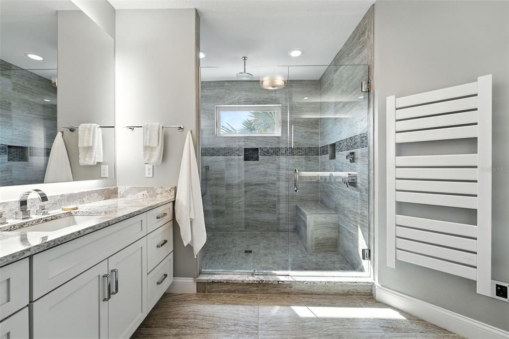 Bathroom, Dual Sink Vanities, Glass Shower, Interior, Recessed Lighting, Wood Texture Flooring