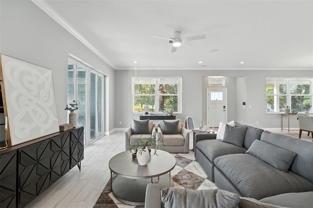 Interior, Living room, Recessed Lighting, Wood Texture Flooring