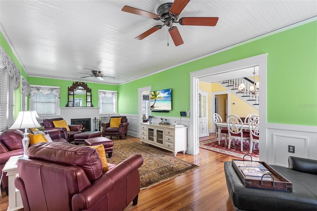 Dining room, Fireplace, Interior, Living room, Wood Texture Flooring