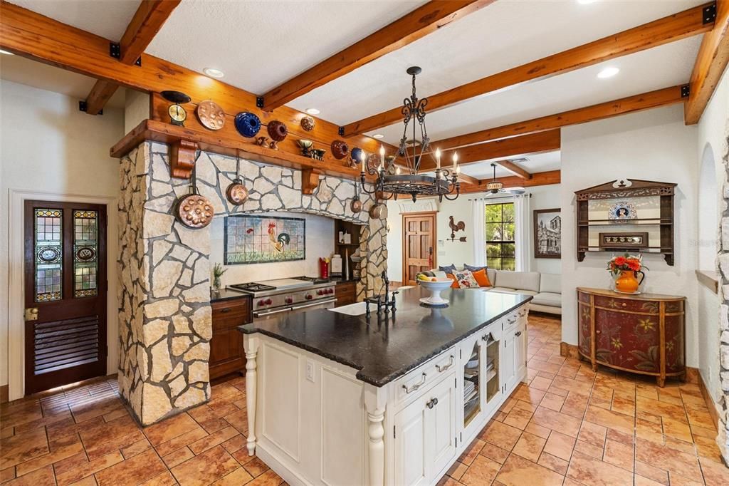 Chandelier, Interior, Kitchen, Recessed Lighting, Wooden Beams