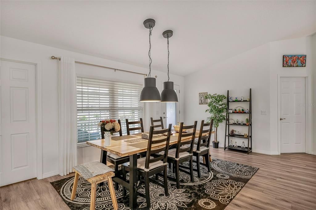 Dining room, Interior, Pendant Lights, Wood Texture Flooring
