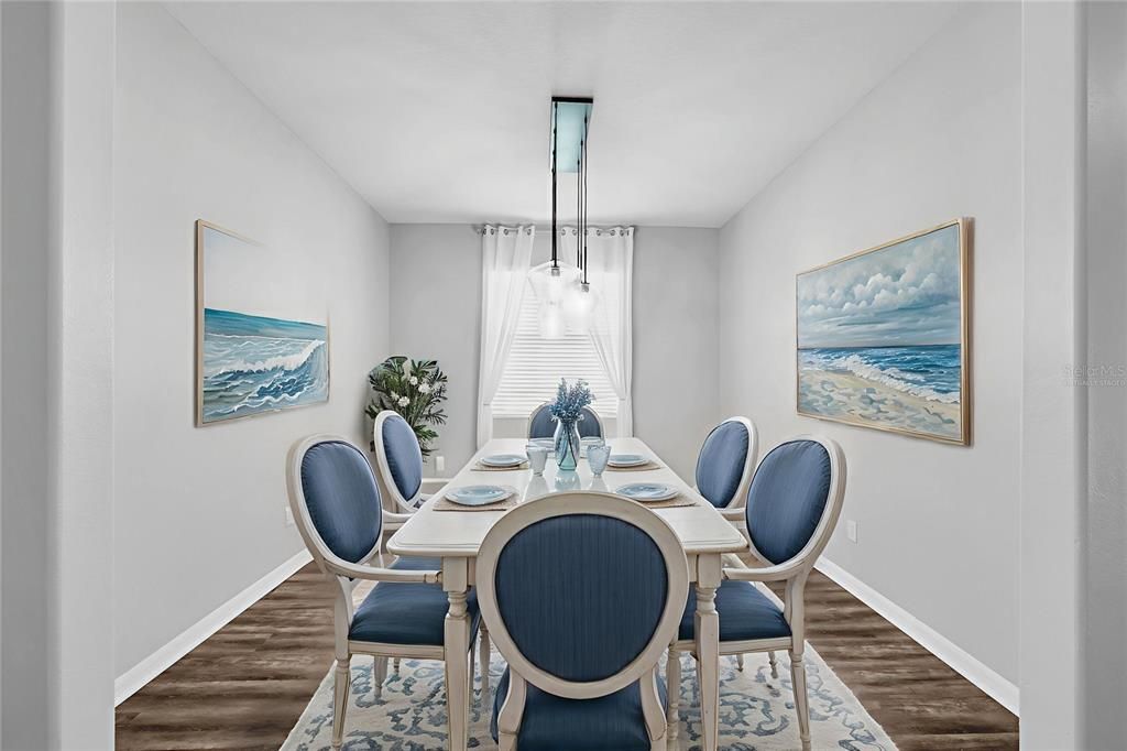 Dining room, Interior, Pendant Lights, Wood Texture Flooring