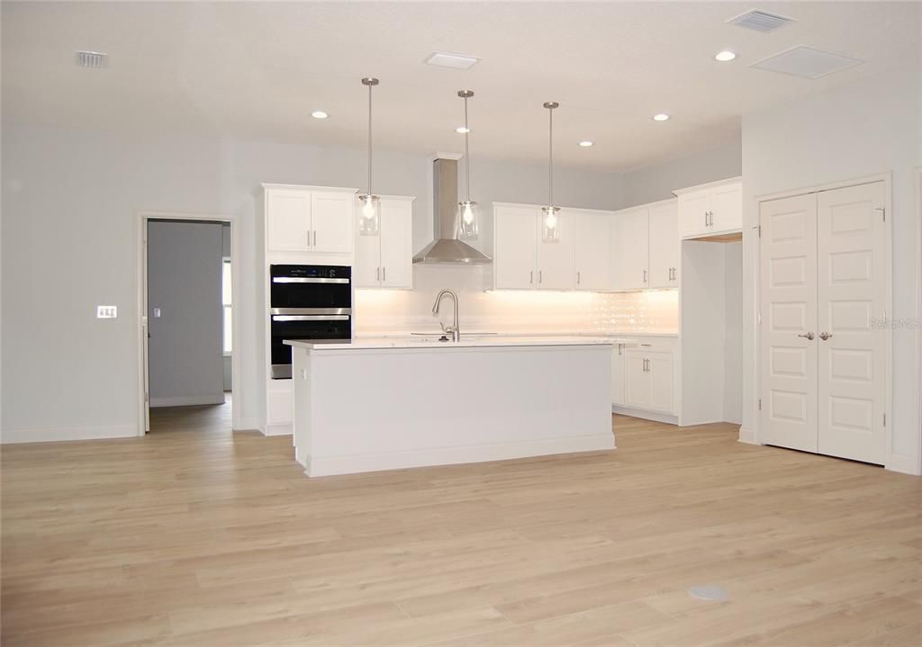 Interior, Kitchen, Pendant Lights, Recessed Lighting, Wood Texture Flooring