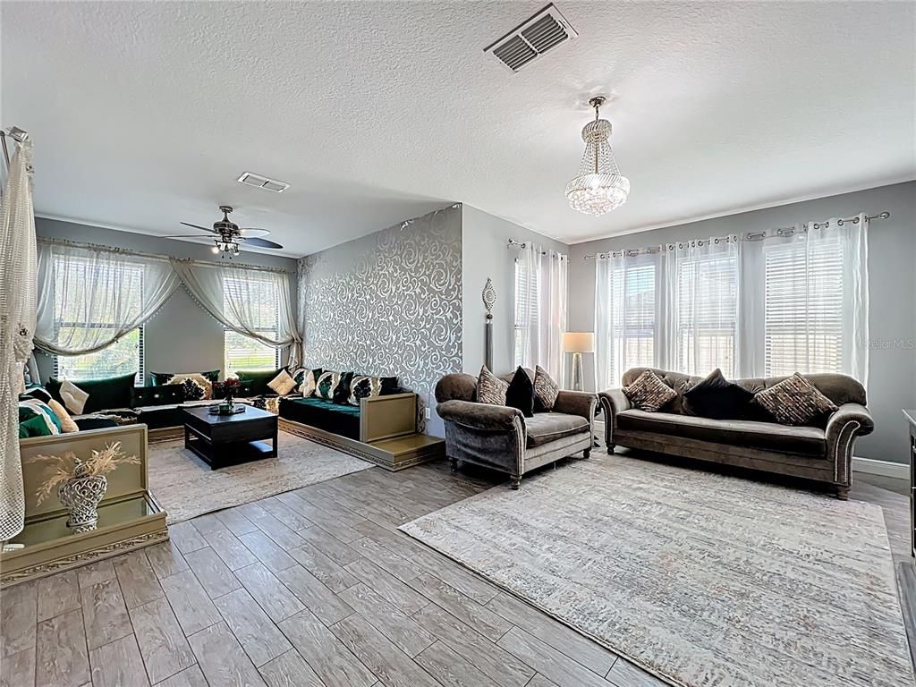 Chandelier, Interior, Living room, Wood Texture Flooring