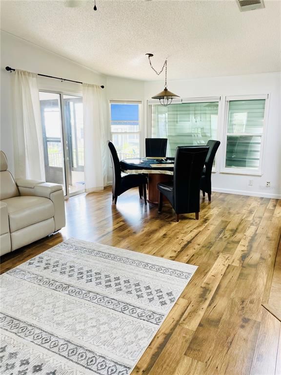 Dining room, Interior, Pendant Lights, Wood Texture Flooring