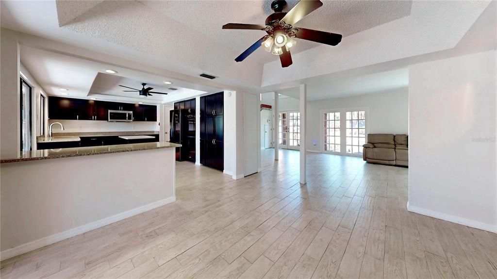 Empty room, Interior, Kitchen, Recessed Lighting, Wood Texture Flooring