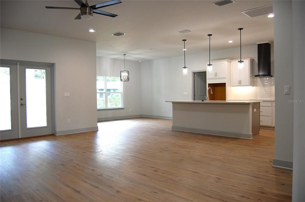 Empty room, Interior, Kitchen, Pendant Lights, Recessed Lighting, Wood Texture Flooring