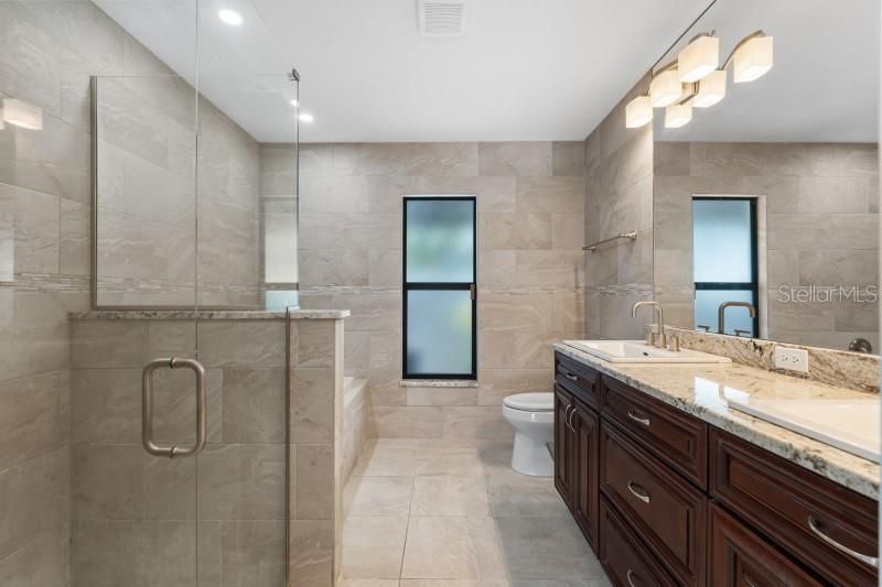 Bathroom, Dual Sink Vanities, Glass Shower, Interior, Recessed Lighting