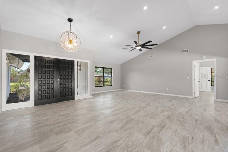 Chandelier, Empty room, Interior, Marble, Recessed Lighting, Wood Texture Flooring