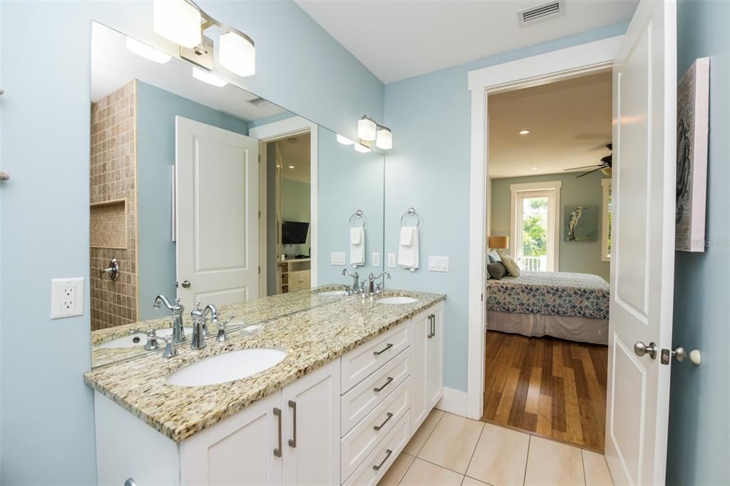Bathroom, Bedroom, Dual Sink Vanities, Interior, Recessed Lighting, Wood Texture Flooring