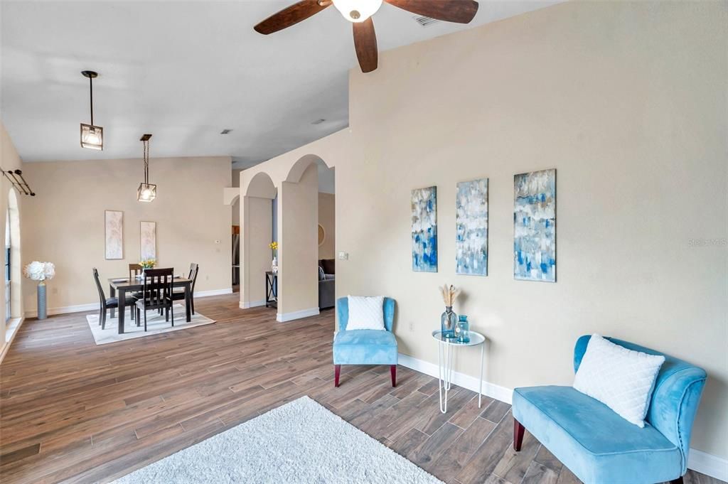Dining room, Interior, Pendant Lights, Wood Texture Flooring