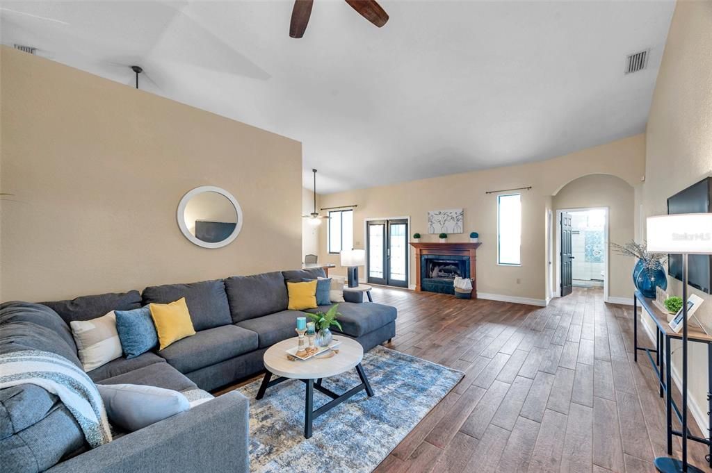 Fireplace, Interior, Living room, Pendant Lights, Wood Texture Flooring