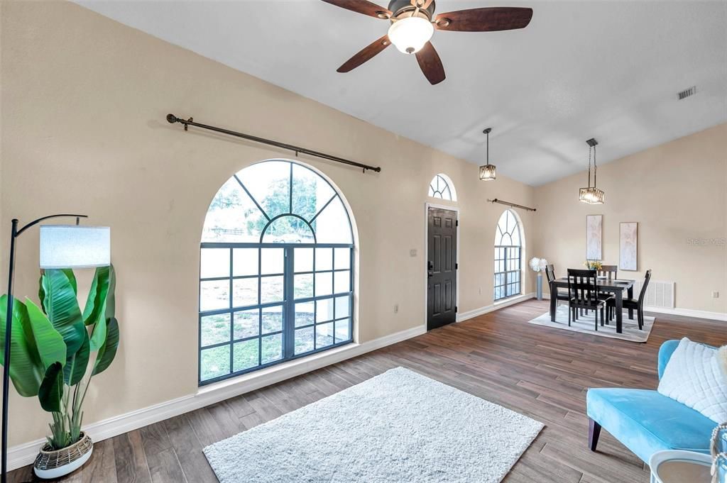Dining room, Interior, Pendant Lights, Wood Texture Flooring