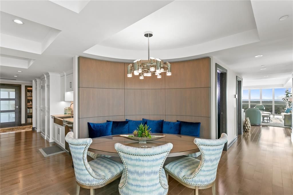Dining room, Interior, Pendant Lights, Recessed Lighting, Wood Texture Flooring