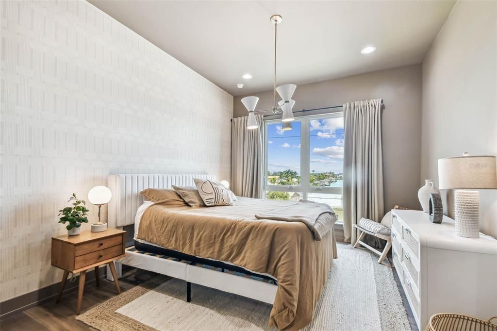 Bedroom, Interior, Pendant Lights, Recessed Lighting, Wood Texture Flooring