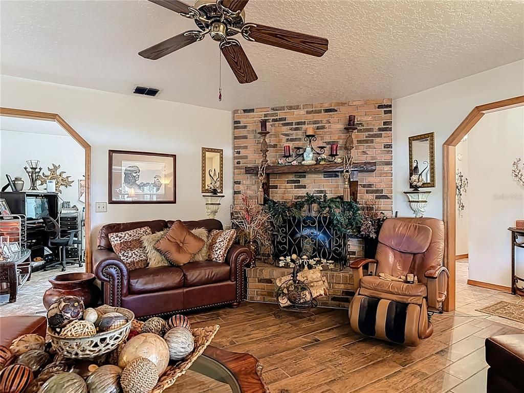 Fireplace, Interior, Living room, Stone Walls, Wood Texture Flooring