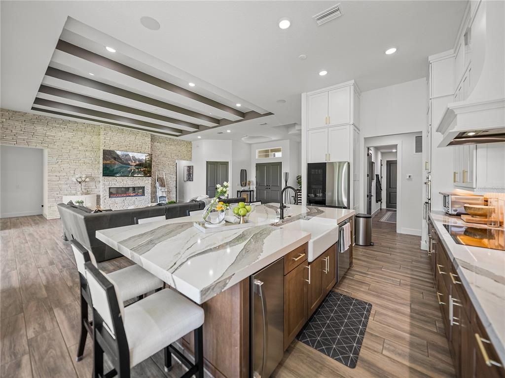 Interior, Kitchen, Recessed Lighting, Stainless Steel Appliances, Wooden Beams, Wood Texture Flooring