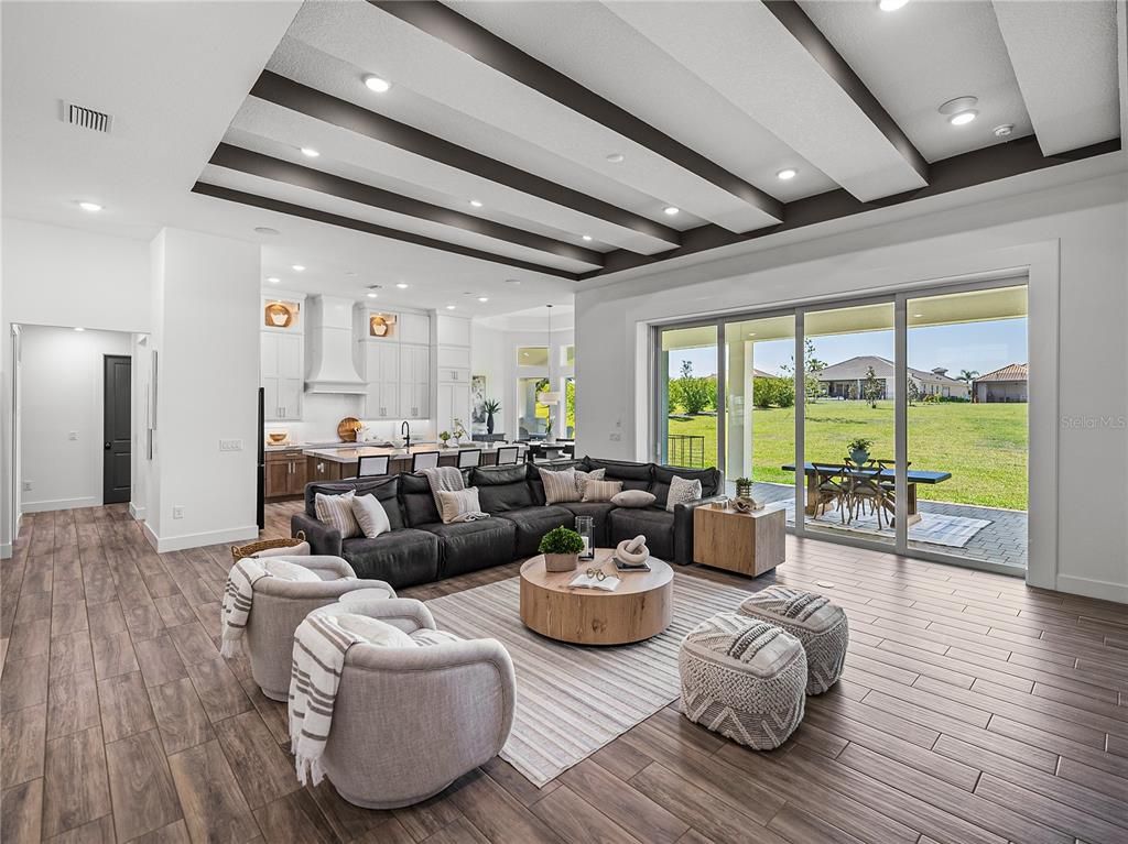 Interior, Kitchen, Living room, Recessed Lighting, Wooden Beams, Wood Texture Flooring
