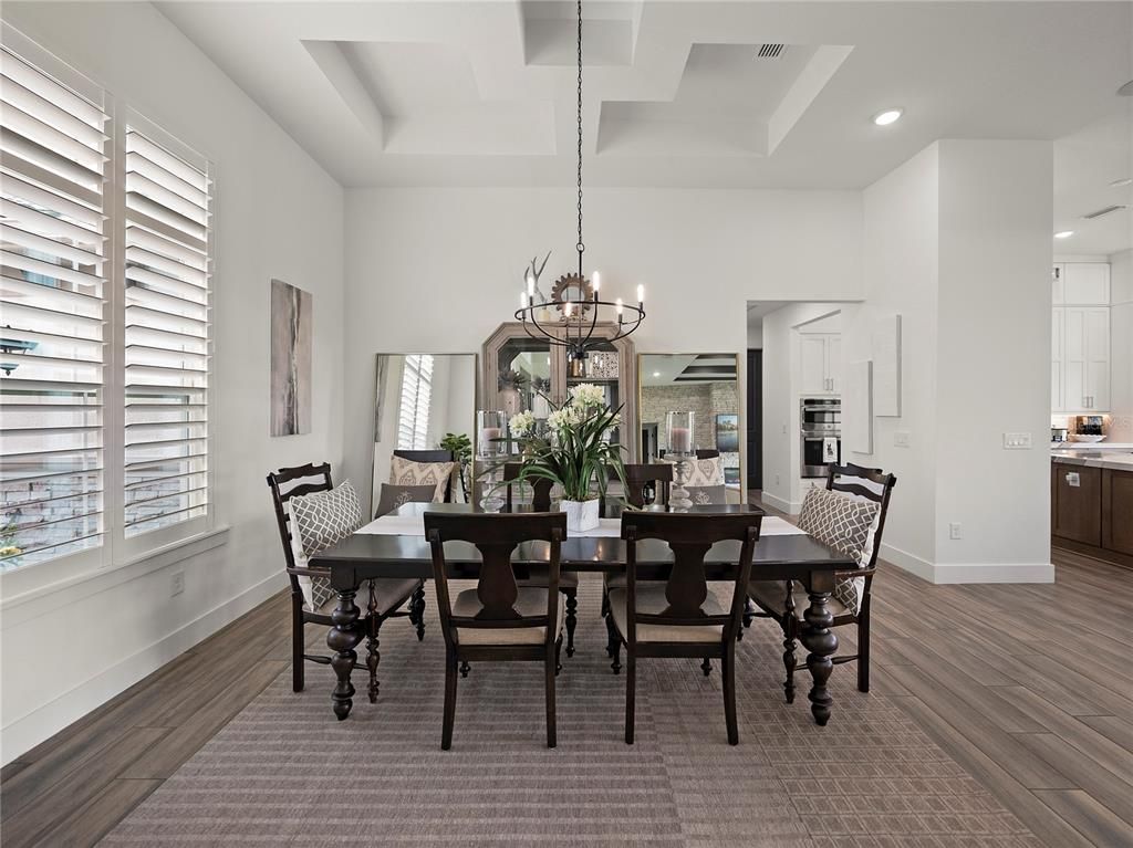 Chandelier, Dining room, Interior, Recessed Lighting, Wood Texture Flooring