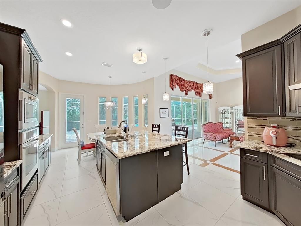 Dining room, Interior, Kitchen, Living room, Marble, Pendant Lights, Recessed Lighting