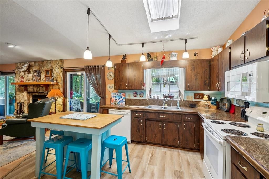 Fireplace, Interior, Kitchen, Pendant Lights, Wood Texture Flooring