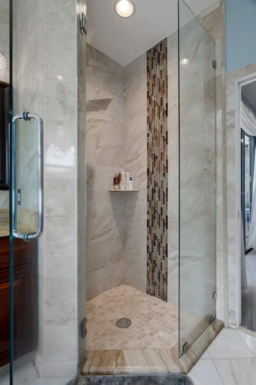 Bathroom, Glass Shower, Interior, Marble Walls, Recessed Lighting
