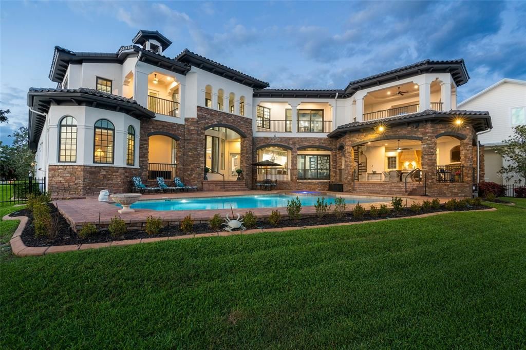 Backyard, Exterior, Facade, Brick Facade, Pool, Mediterranean