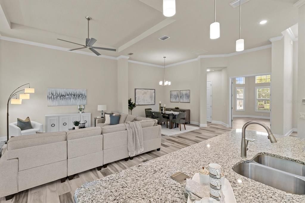 Dining room, Interior, Living room, Pendant Lights, Recessed Lighting, Wood Texture Flooring