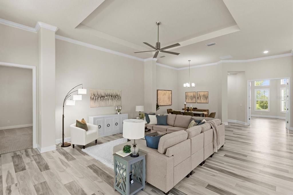 Dining room, Interior, Living room, Pendant Lights, Recessed Lighting, Wood Texture Flooring