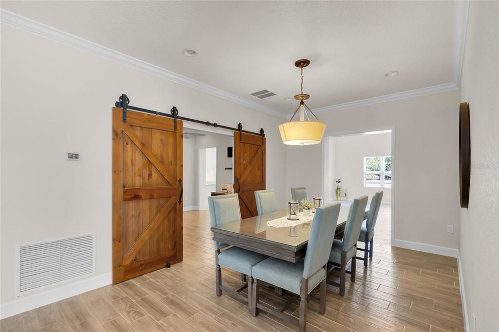 Dining room, Interior, Pendant Lights, Wood Texture Flooring