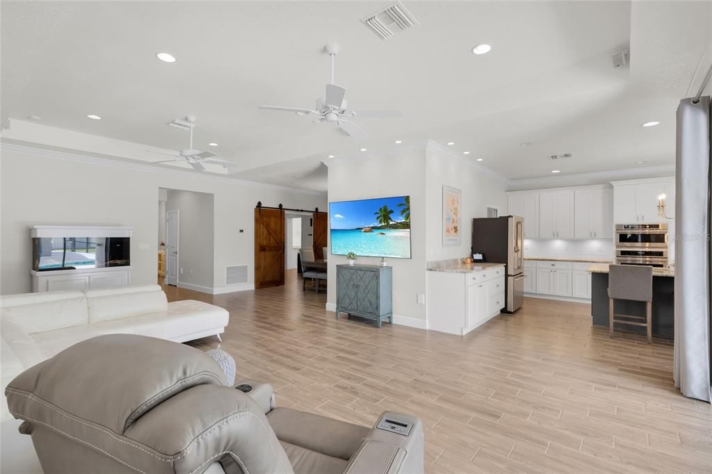Interior, Kitchen, Living room, Recessed Lighting, Wood Texture Flooring