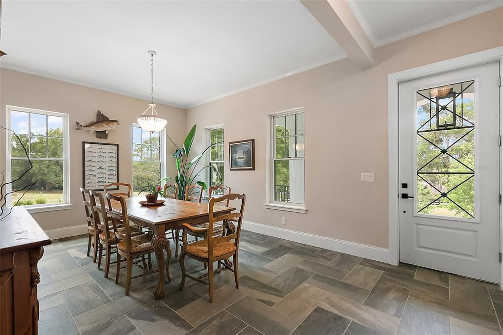 Dining room, Interior, Pendant Lights, Wood Texture Flooring
