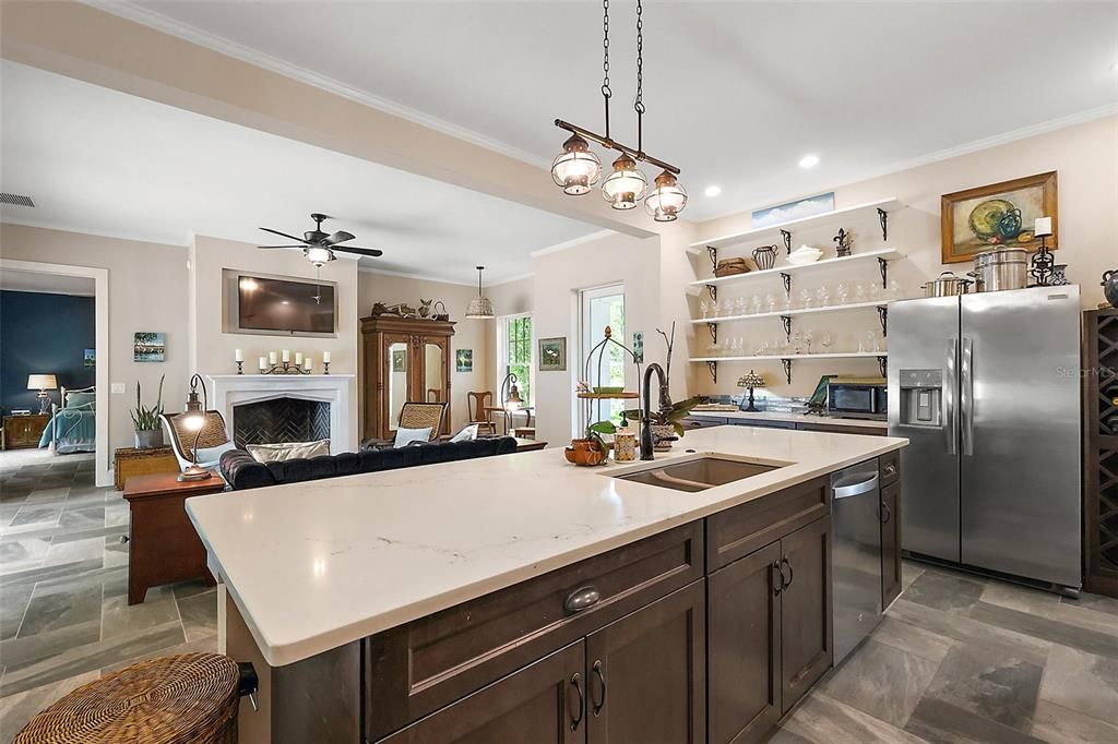 Fireplace, Interior, Kitchen, Pendant Lights, Recessed Lighting, Stainless Steel Appliances