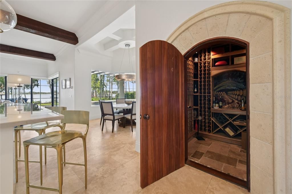 Dining room, Interior, Pendant Lights, Wine Storage, Wooden Beams