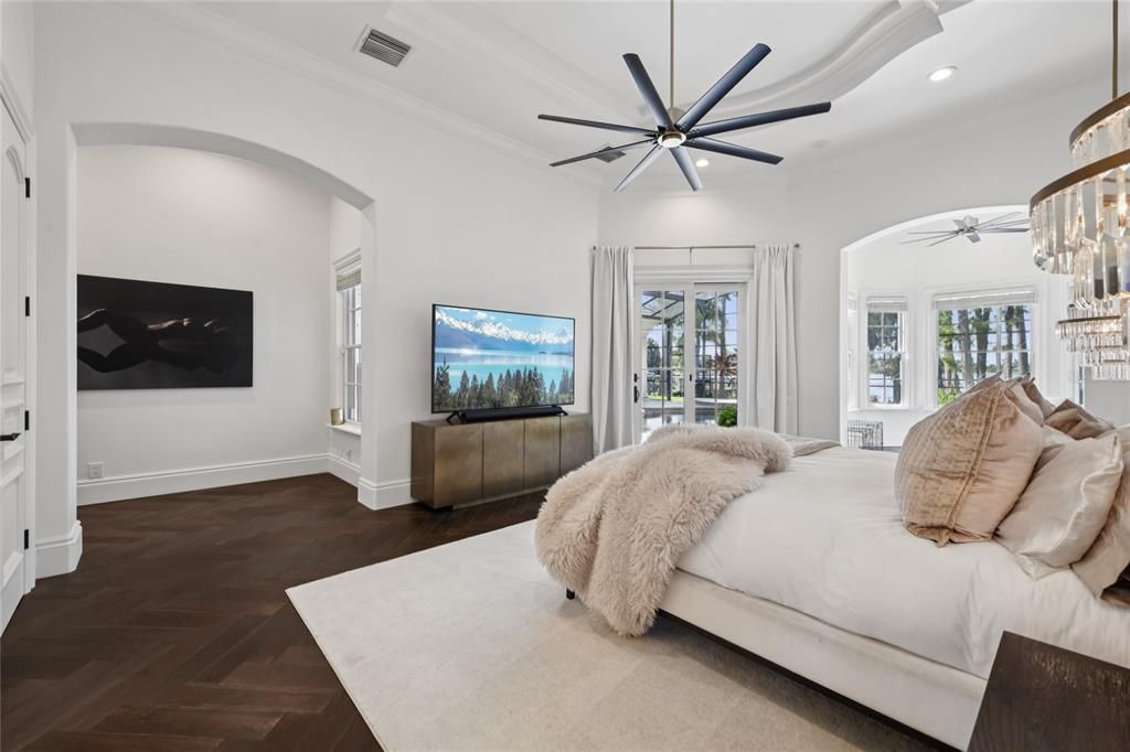 Bedroom, Chandelier, Interior, Recessed Lighting, Wood Texture Flooring