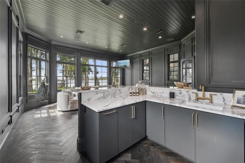 Interior, Kitchen, Recessed Lighting, Wooden Ceilings, Wood Texture Flooring