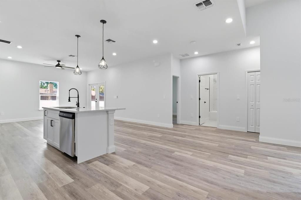 Interior, Kitchen, Pendant Lights, Recessed Lighting, Wood Texture Flooring
