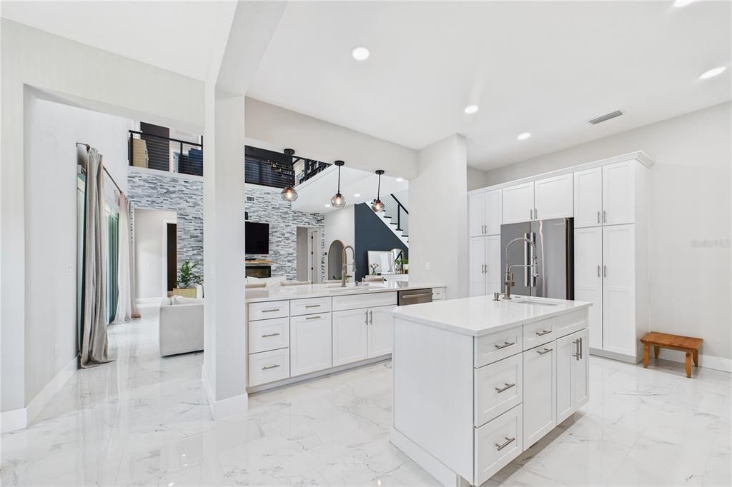 Interior, Kitchen, Marble, Pendant Lights, Recessed Lighting, Stainless Steel Appliances