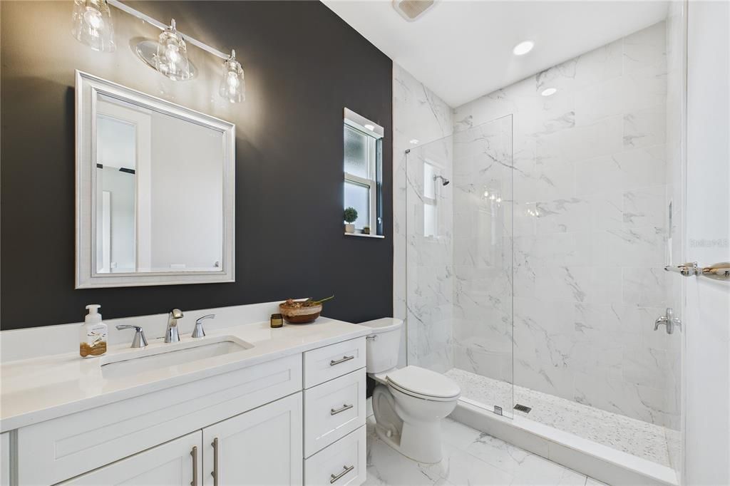 Bathroom, Glass Shower, Interior, Marble, Marble Walls, Recessed Lighting