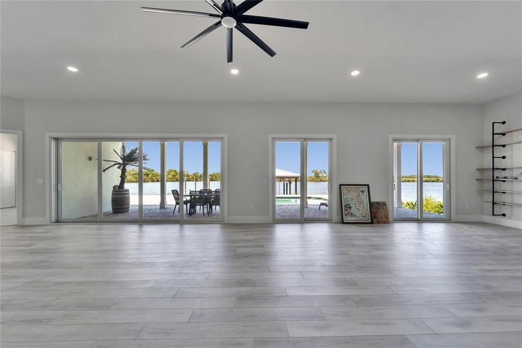 Empty room, Interior, Recessed Lighting, Water, Wood Texture Flooring