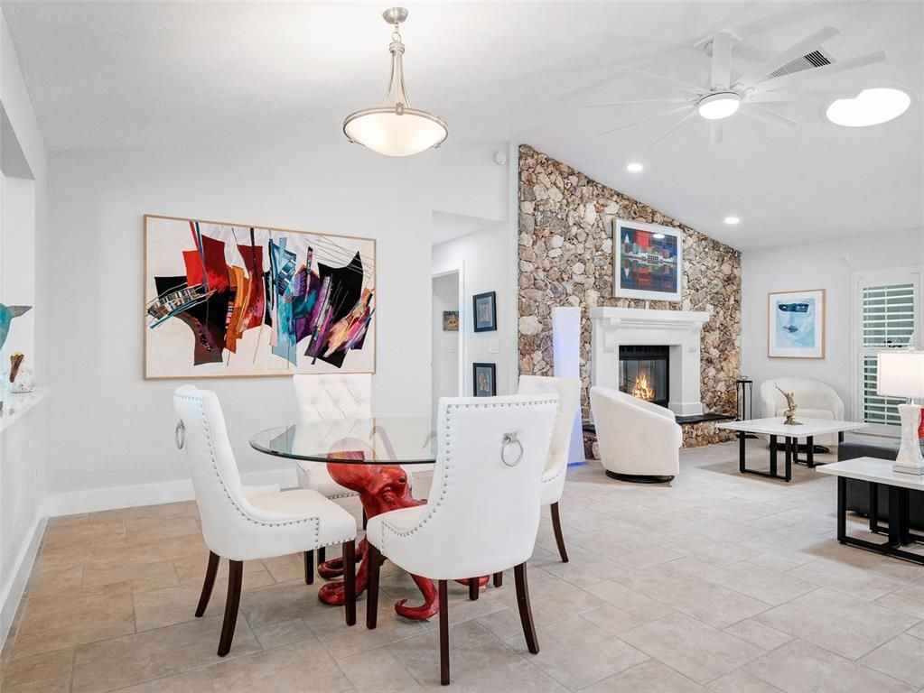 Dining room, Fireplace, Interior, Living room, Pendant Lights, Recessed Lighting, Stone Walls