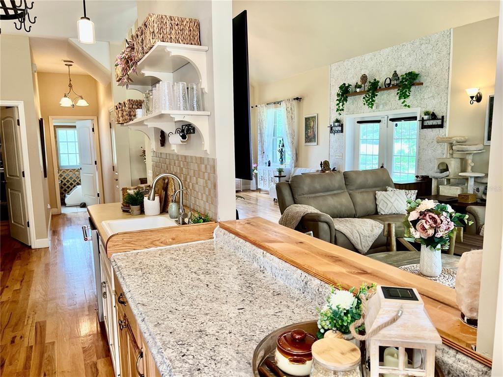 Interior, Kitchen, Living room, Pendant Lights, Wood Texture Flooring