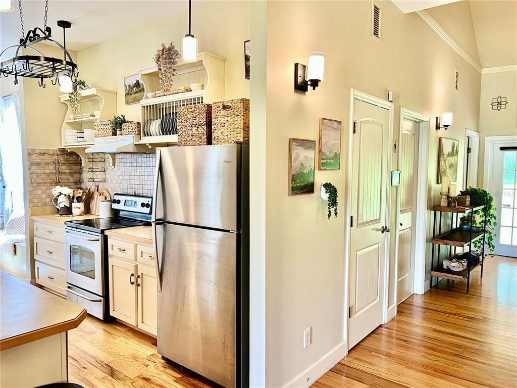 Interior, Kitchen, Pendant Lights, Stainless Steel Appliances, Wood Texture Flooring