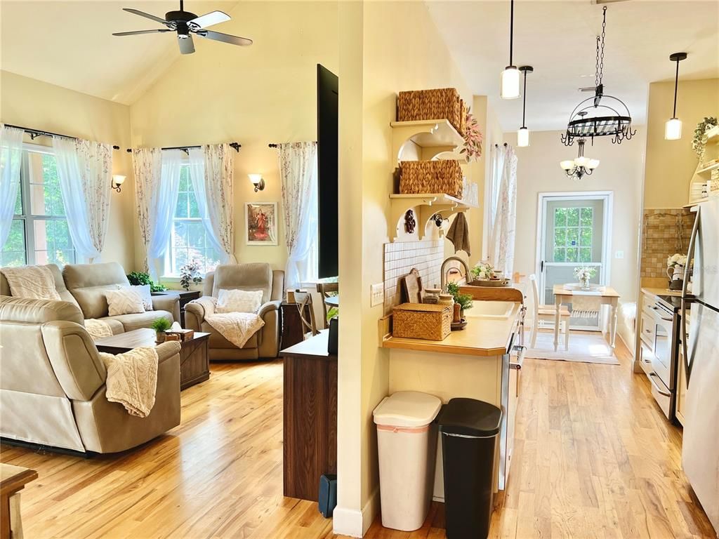 Dining room, Interior, Kitchen, Living room, Pendant Lights, Wood Texture Flooring