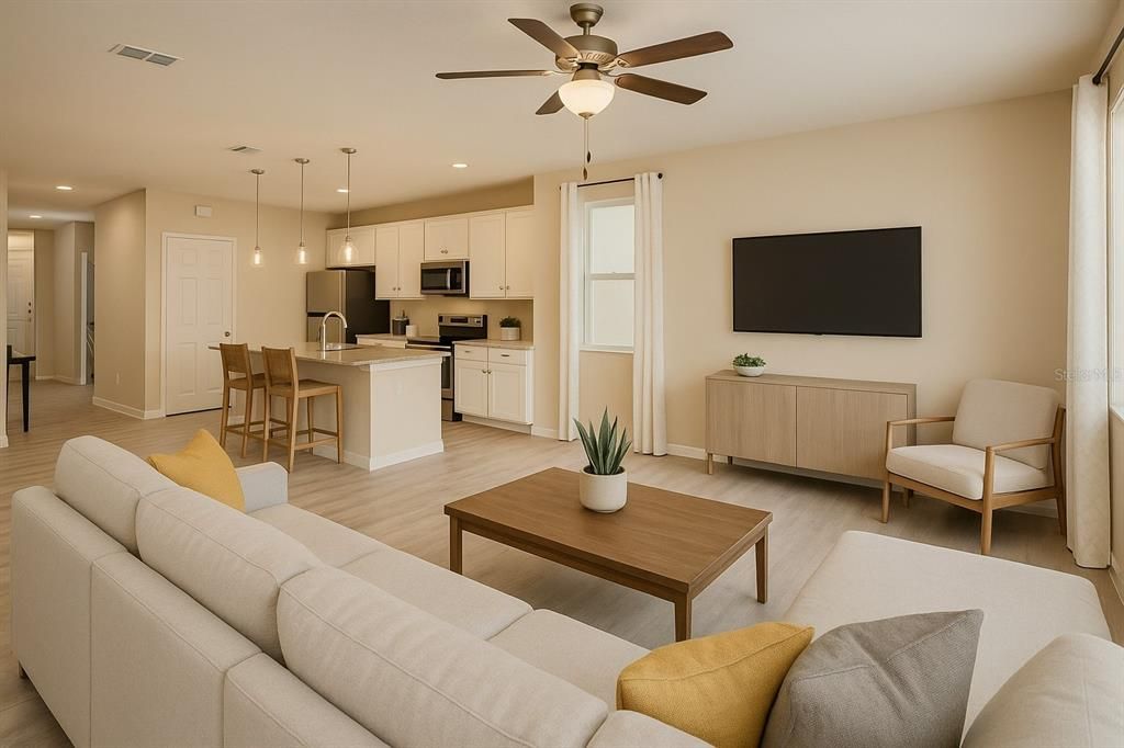 Dining room, Interior, Kitchen, Living room, Pendant Lights, Recessed Lighting, Stainless Steel Appliances, Wood Texture Flooring