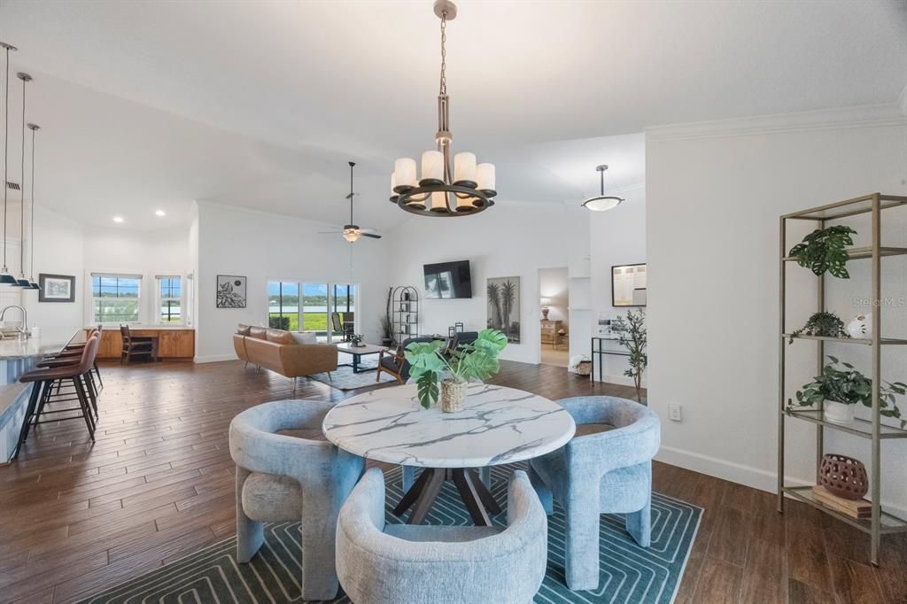 Chandelier, Dining room, Interior, Living room, Pendant Lights, Recessed Lighting, Wood Texture Flooring