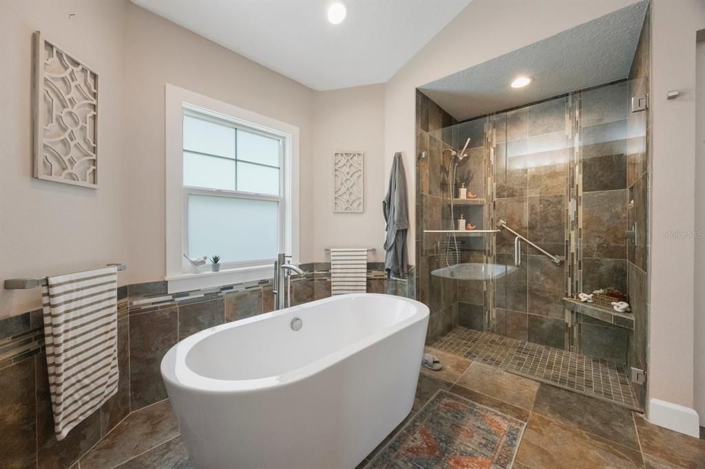 Bathroom, Free Standing Baths, Glass Shower, Interior, Recessed Lighting